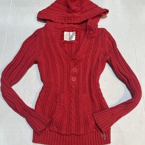 Justice Girls Y2K Red Cable Knit Hooded Sweater Cardigan Size 10 Cozy 2010